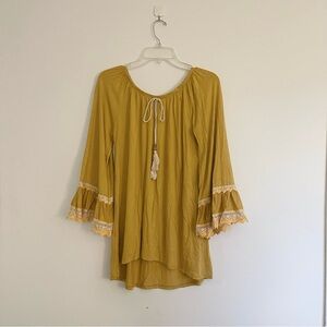 Off shoulder bohemian flared crochet sleeves tassel mustard yellow tunic top